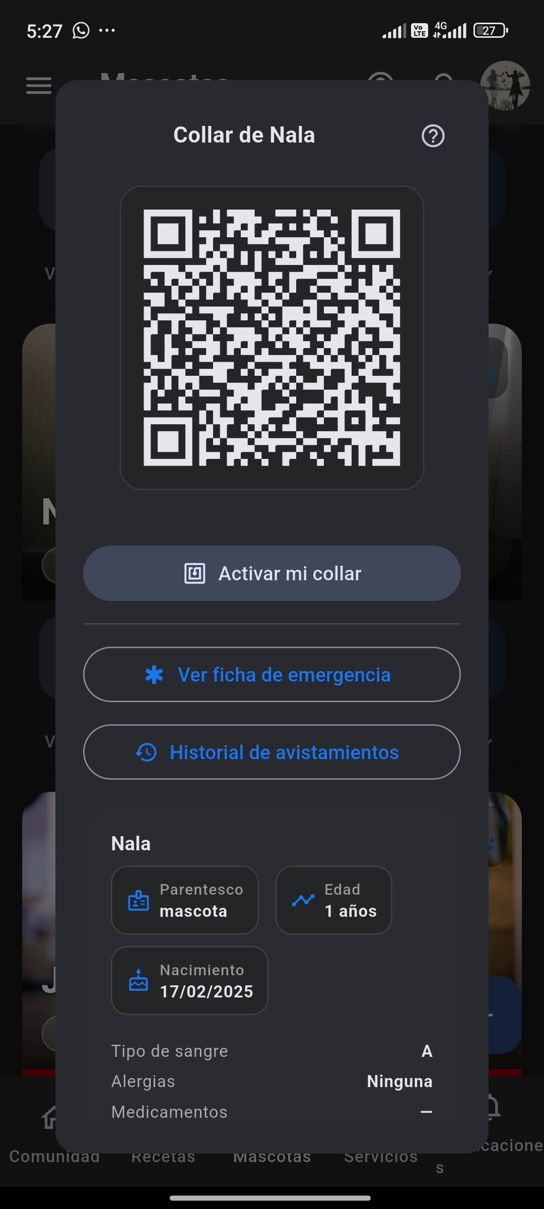 Pantalla de Collar QR de Nala en PetHex — activación del collar inteligente