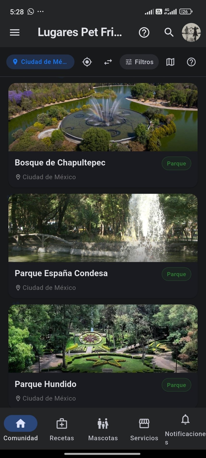 Pantalla de Lugares Pet Friendly en PetHex — Bosque de Chapultepec, Parque España Condesa y Parque Hundido en Ciudad de México